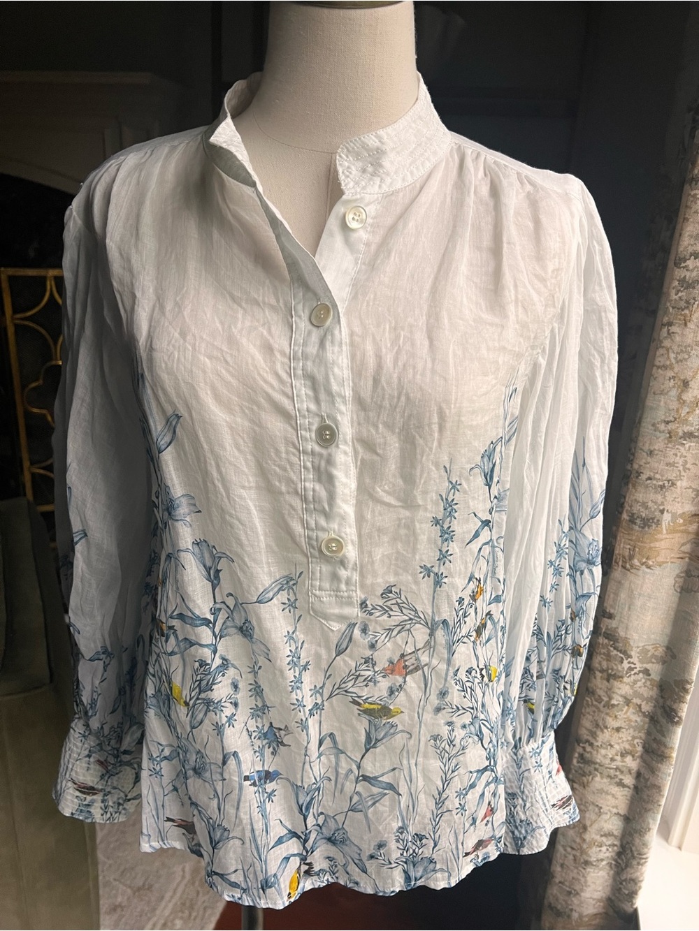 White Botanical Bird Blouse